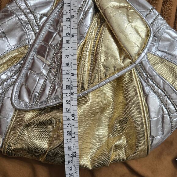 Genuine Leather Vtg USA Gold Silver Metallic  Patchwork Studded Clam Shell Bag - Picture 10 of 10